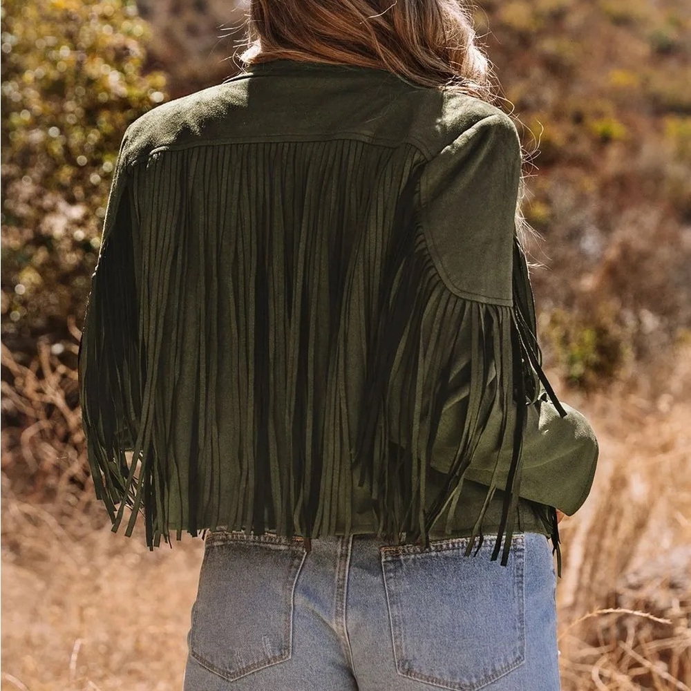 Olive Fringe Women's Jacket boho faux suede tassel blazer - Picture 3 of 10